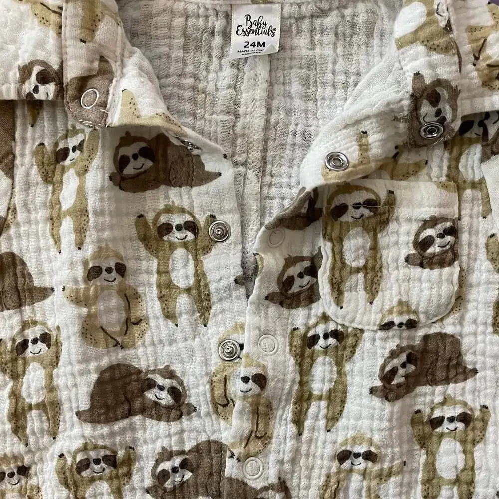 Baby Essentials 24M Sloth Print Cotton Gauze Snap-Up Romper